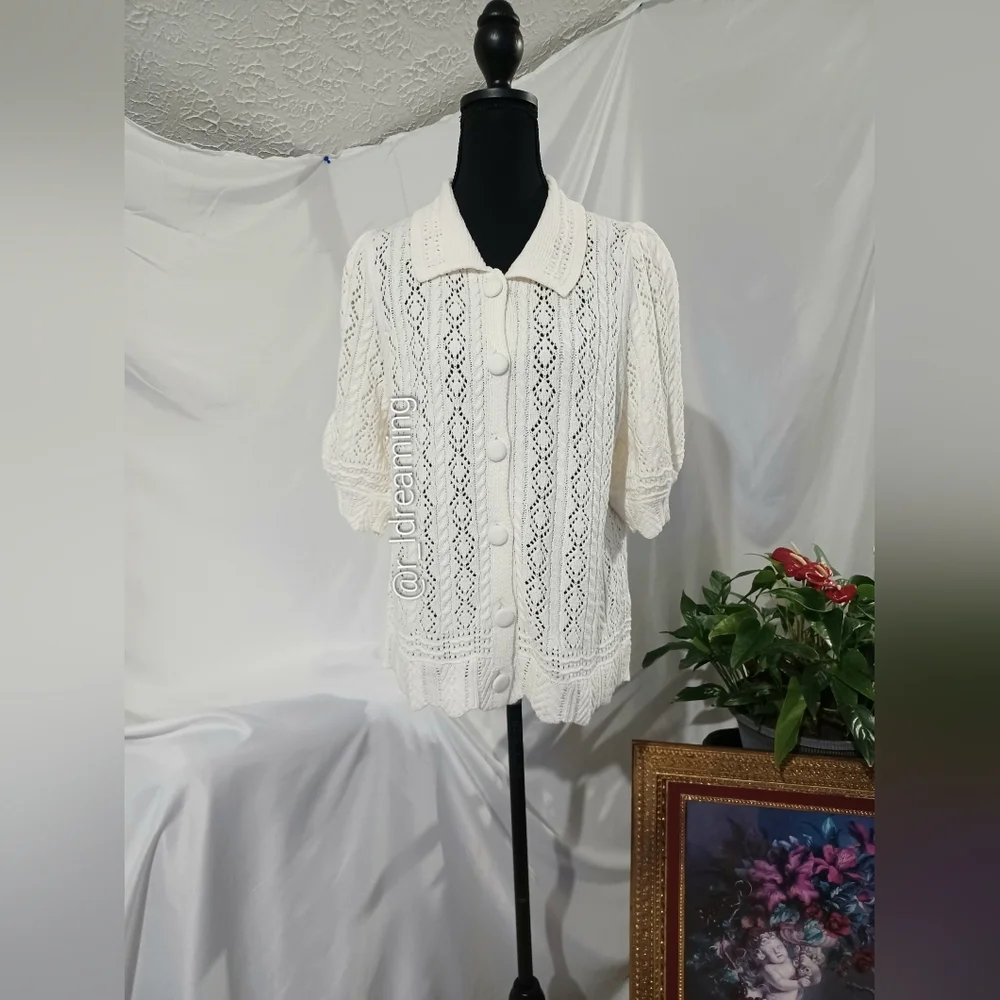 NWOT Lands' End Lace Pointelle Puff Sleeve Cardigan Sweater Size XL - Picture 2 of 7